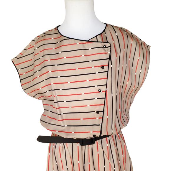 Vintage Joan Curtis Dress Striped Belted Short Sleeve Tan Black Red Sz 16 - Picture 2 of 12